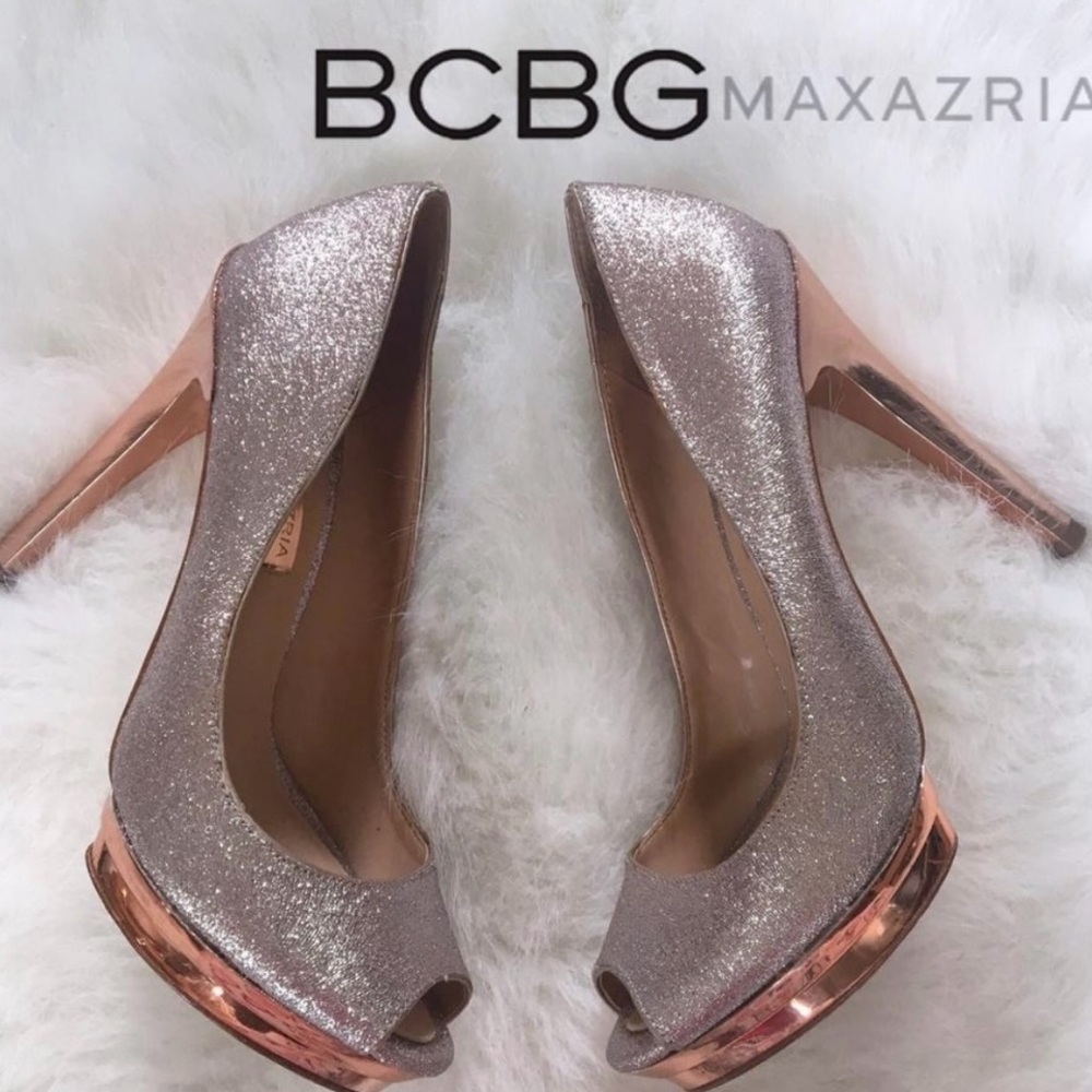 BCBG MaxAzria Women's Glitter Peep Toe Heels - Silver and Rose Gold
